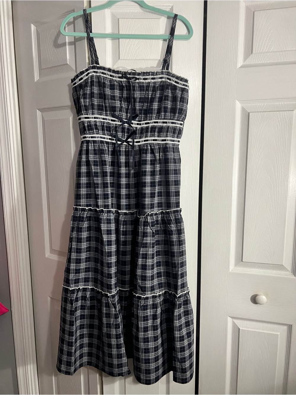Trixxi Navy and White Plaid Tiered Maxi Dress